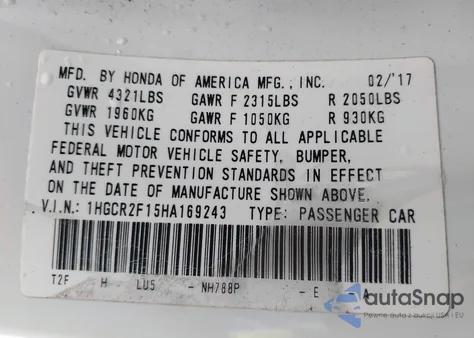 2017 Honda Accord Sport Se из США, поврежденный, VIN 1HGCR2F15HA169243